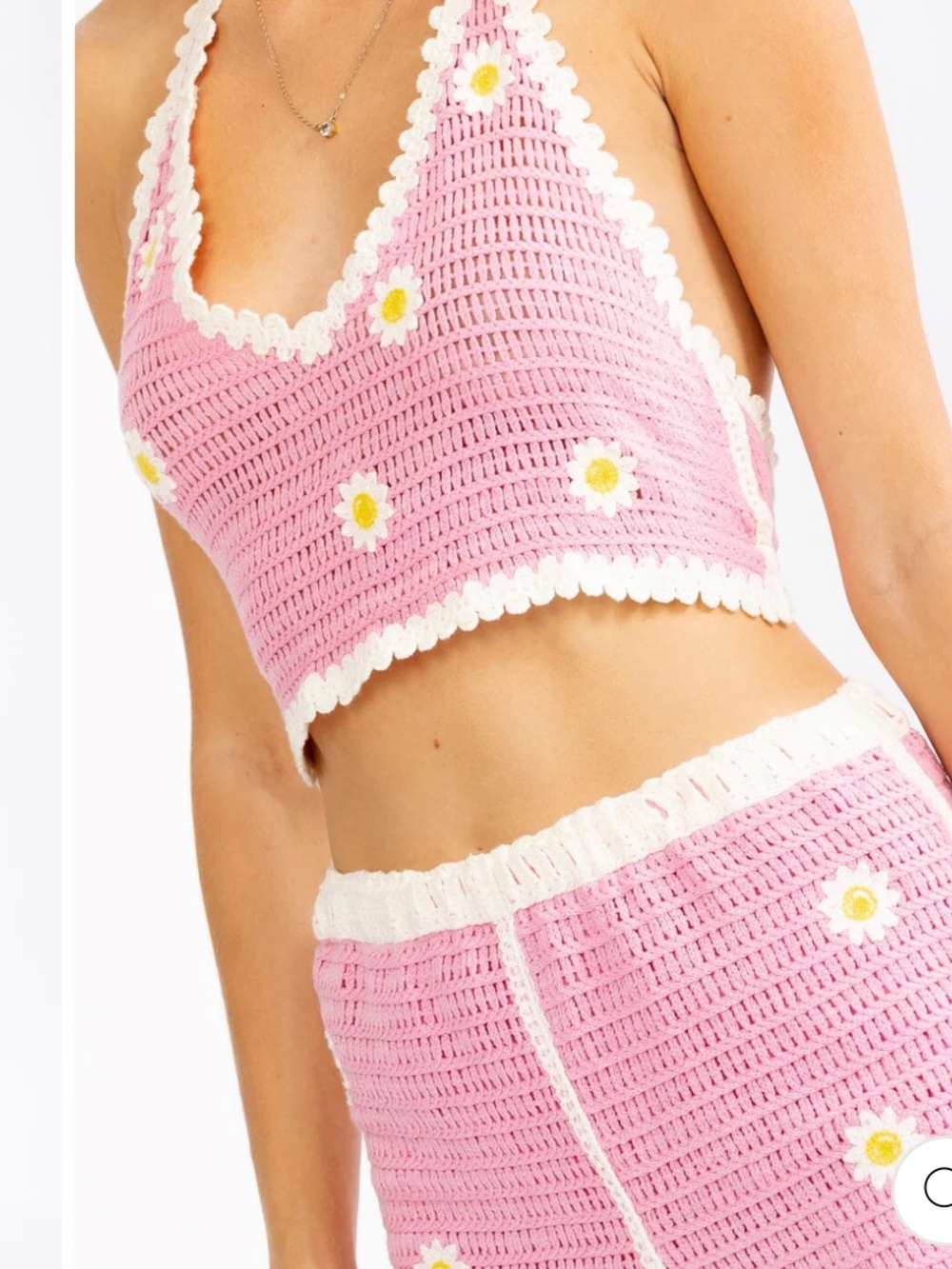 Boho NWT Pink Crochet Daisy Halter Crop Top and Shorts Set size S/M - M/L - Picture 3 of 4